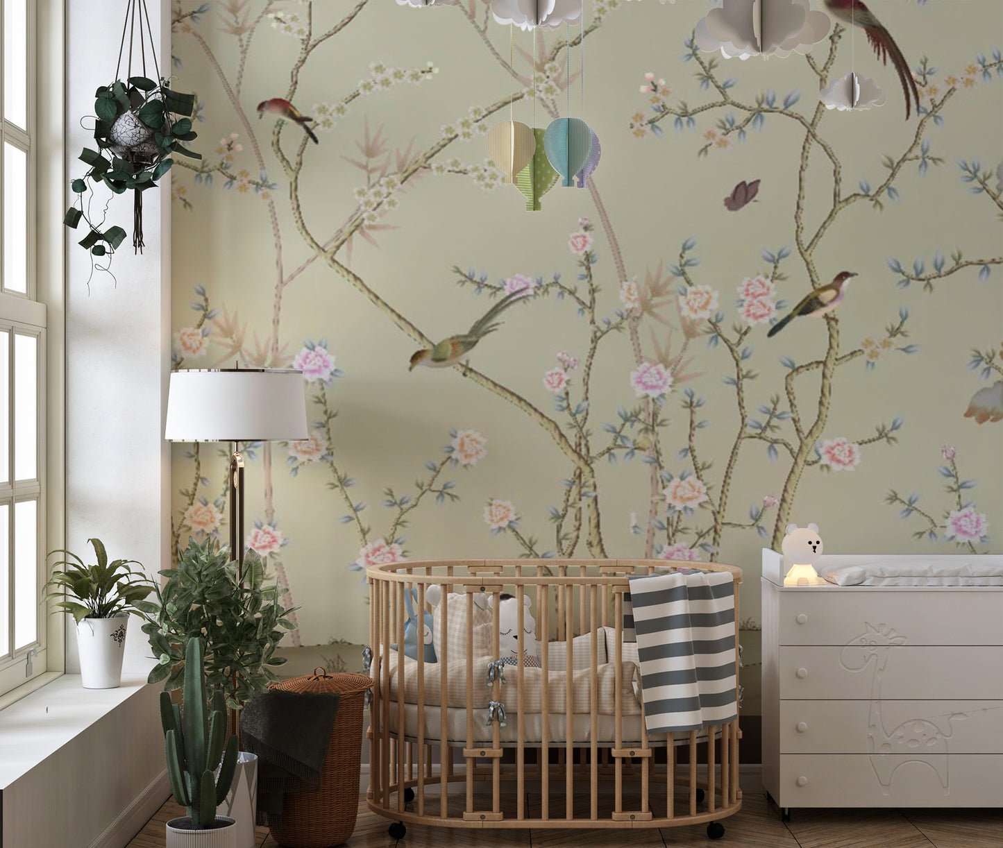 Soft teal background play room wall mural with white cranes and botanical details.