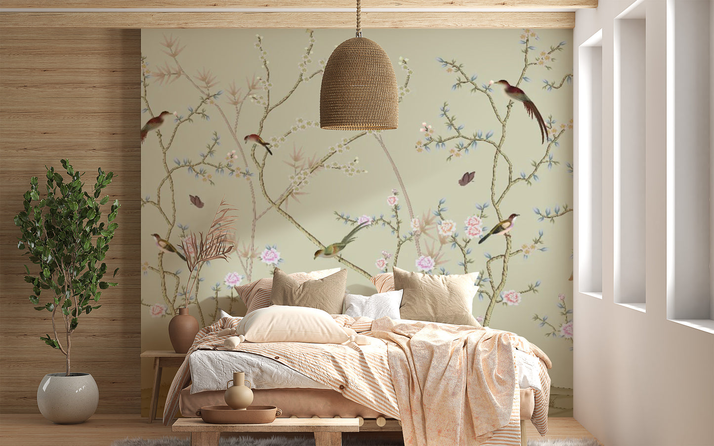 Vintage style floral bedroom wall mural with colorful parrots and peonies.