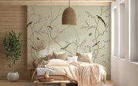 Vintage style floral bedroom wall mural with colorful parrots and peonies.