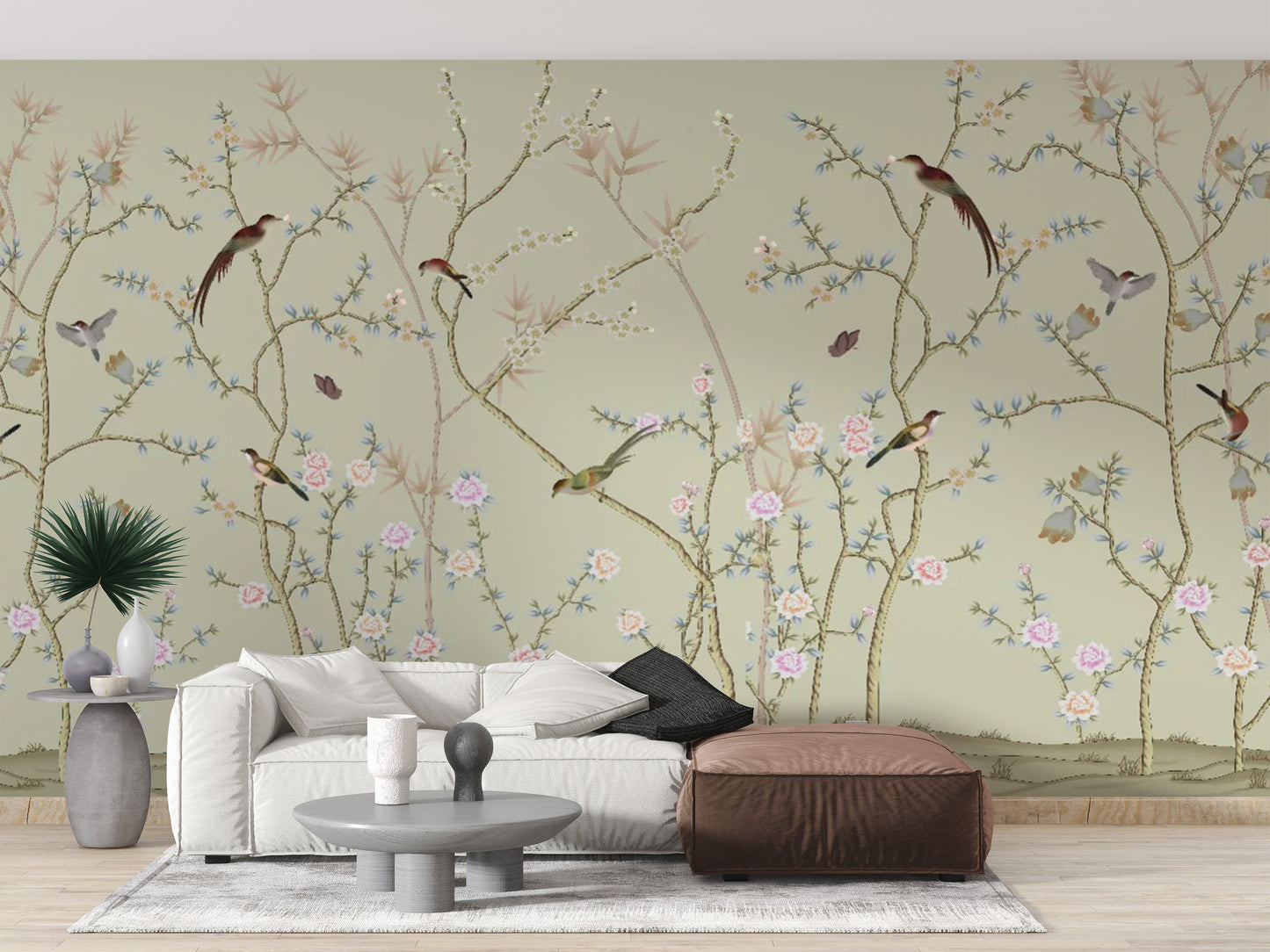 Chinoiseries Birds hallway wall mural with delicate cherry blossom branches.
