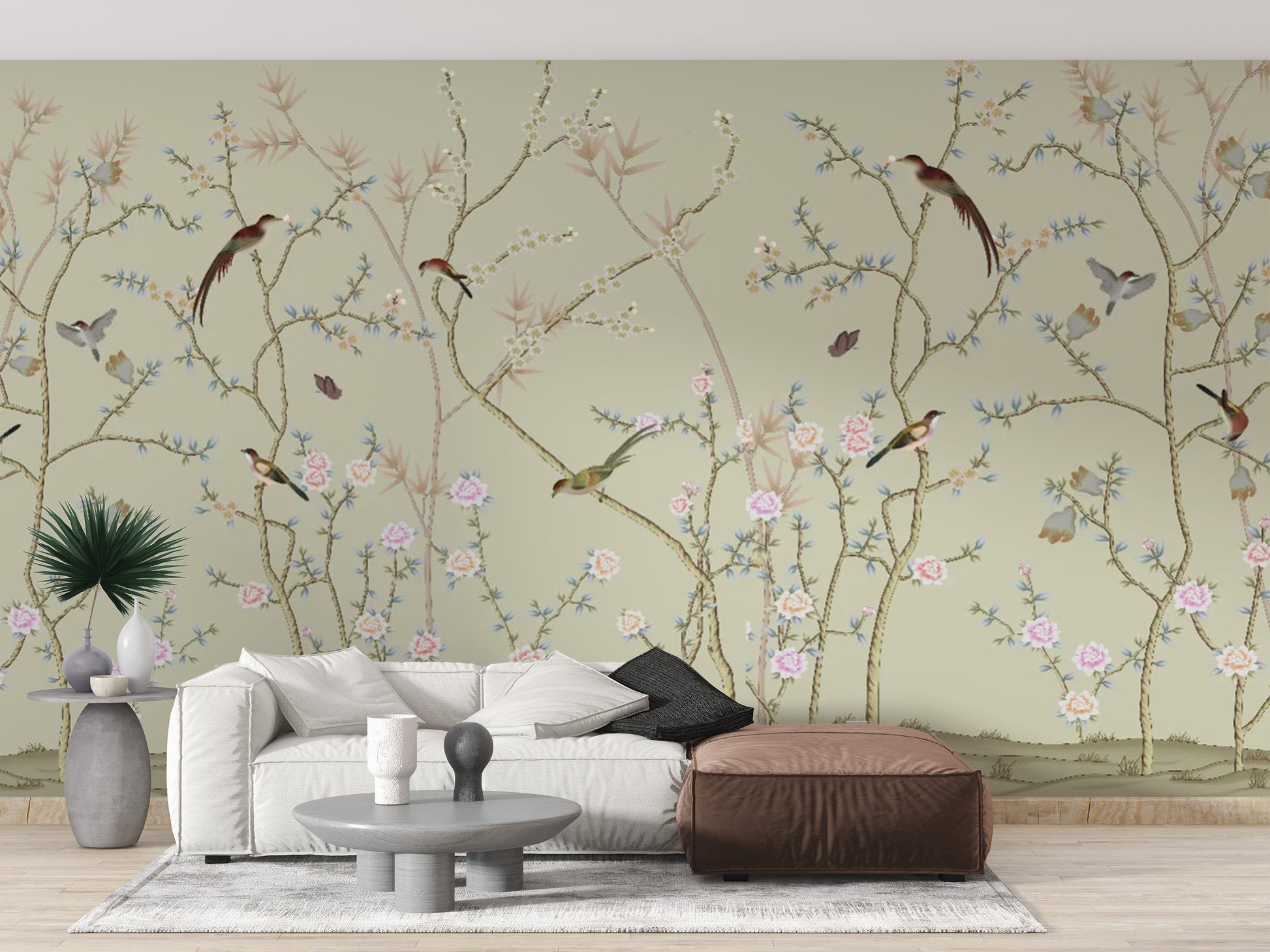 Chinoiseries Birds hallway wall mural with delicate cherry blossom branches.