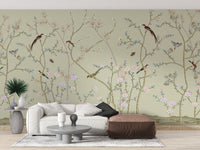 Chinoiseries Birds hallway wall mural with delicate cherry blossom branches.