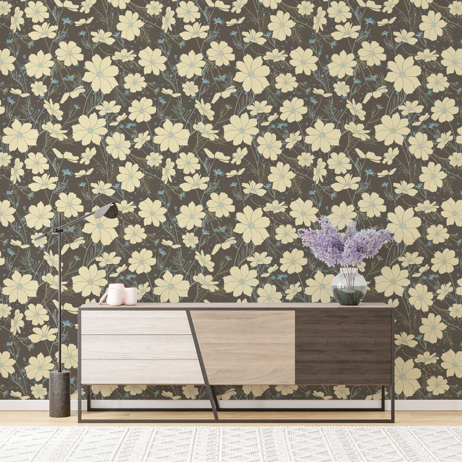 Studio with self adhesive Cosmos Flower Gray Wallpaper for an easy and moisture-resistant floral update.
