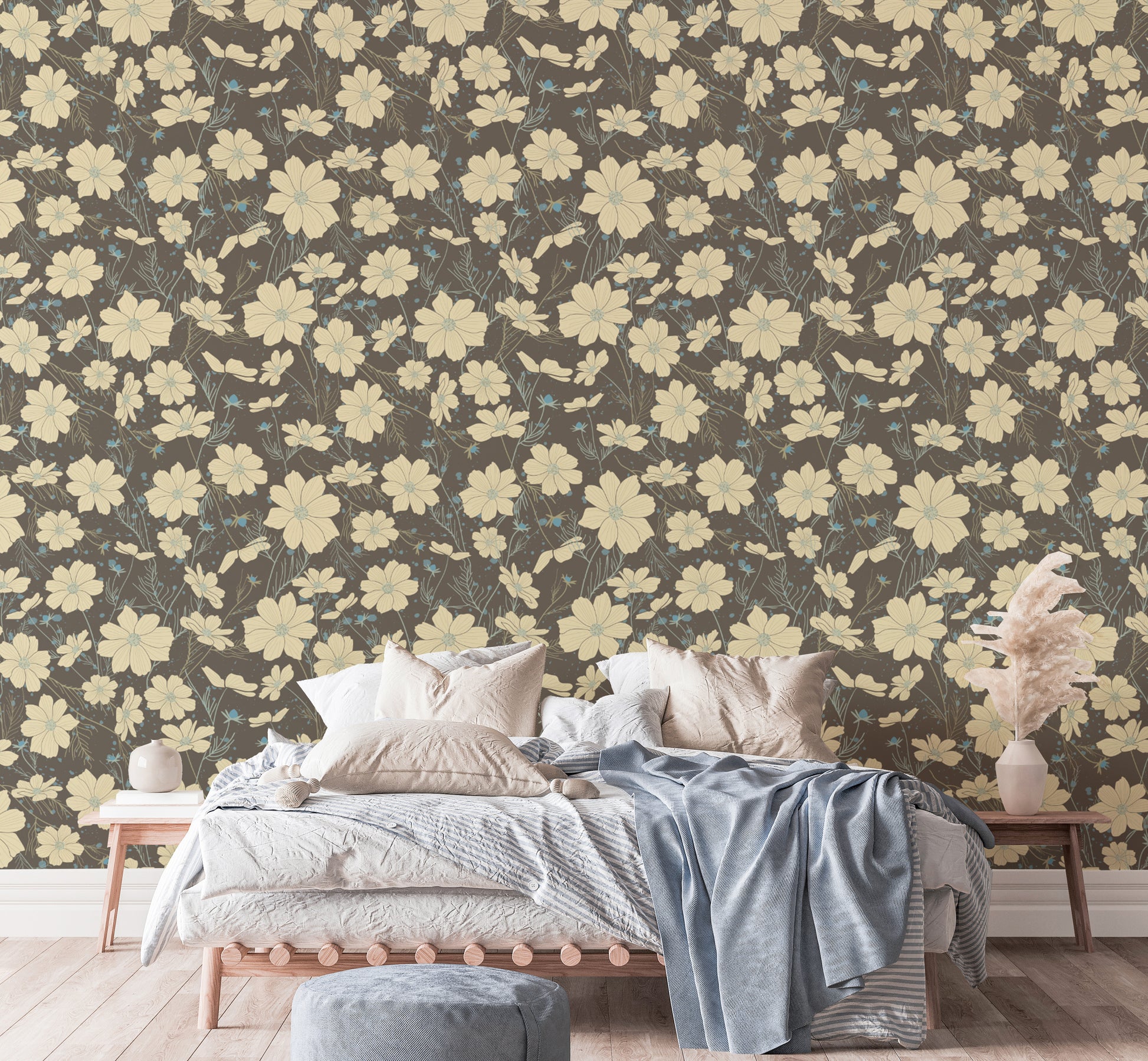 Cosmos Flower Gray Wallpaper in a bedroom with peel and stick material for a quick floral refresh.