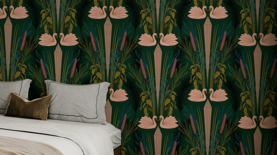 Elegant wallpaper featuring Art Deco swans

