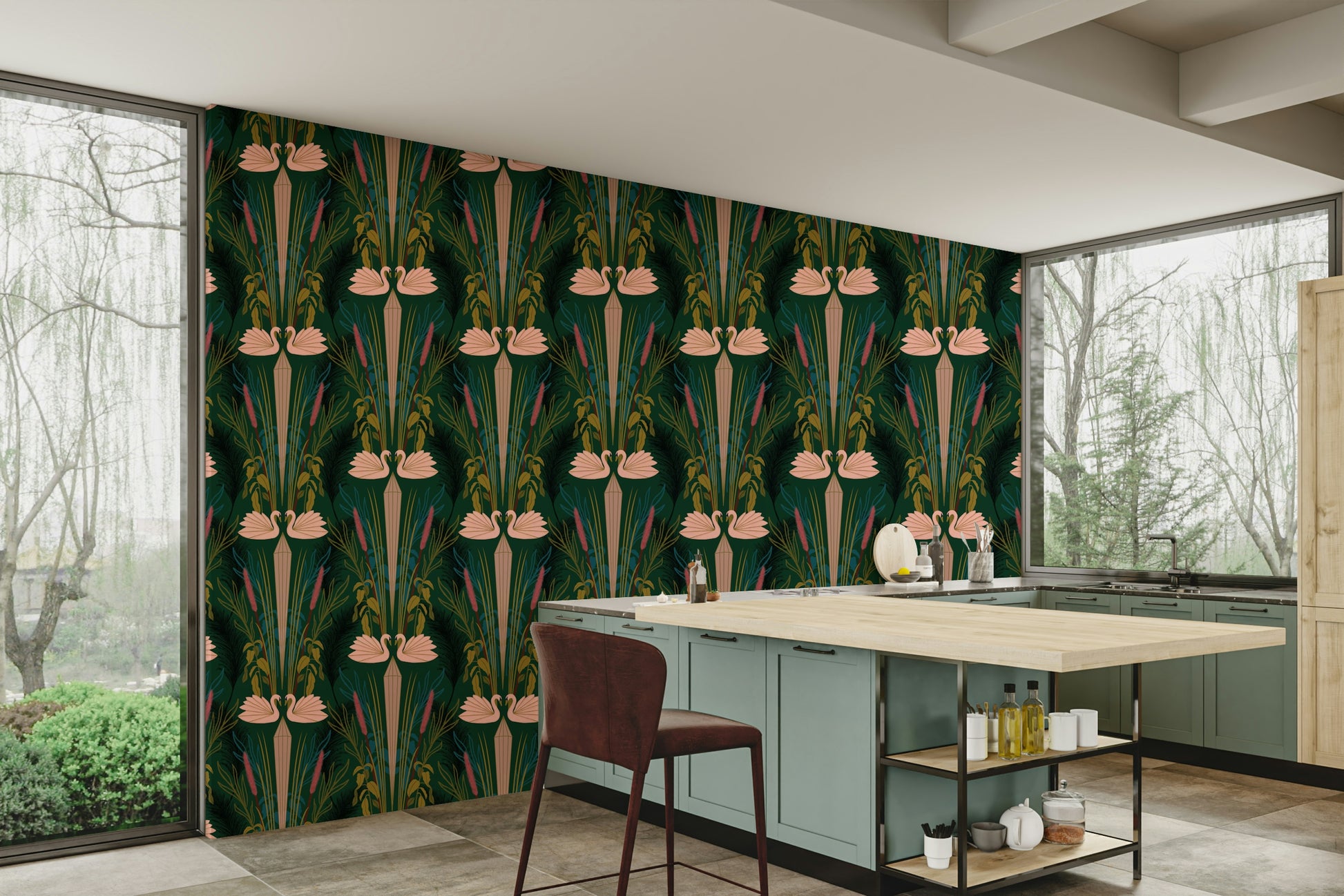 Stylish room with repeating swan art wallpaper

