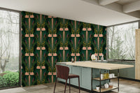 Stylish room with repeating swan art wallpaper

