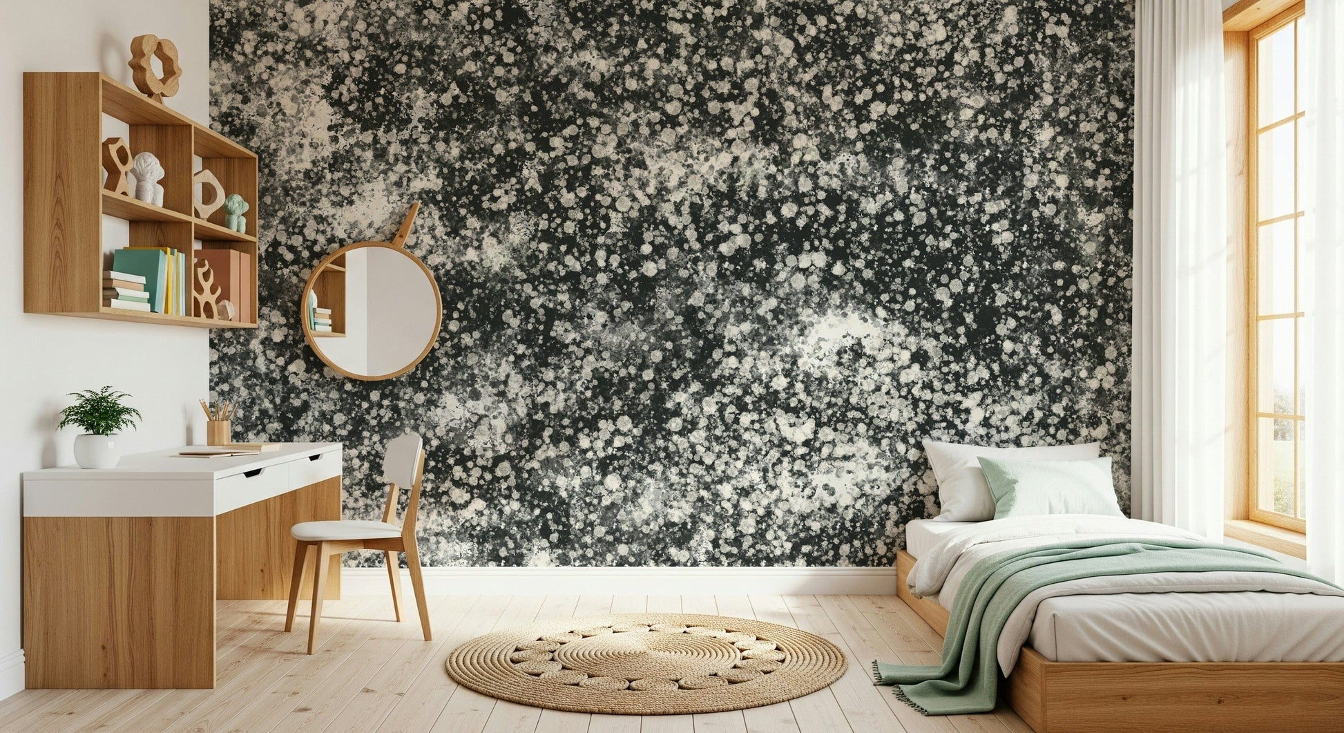 A serene subtle pattern wall mural in black and white tones.
