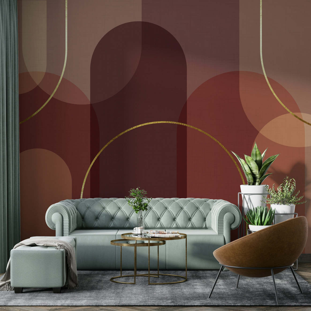 A wall mural with a pattern of large, fluid, abstract shapes.
