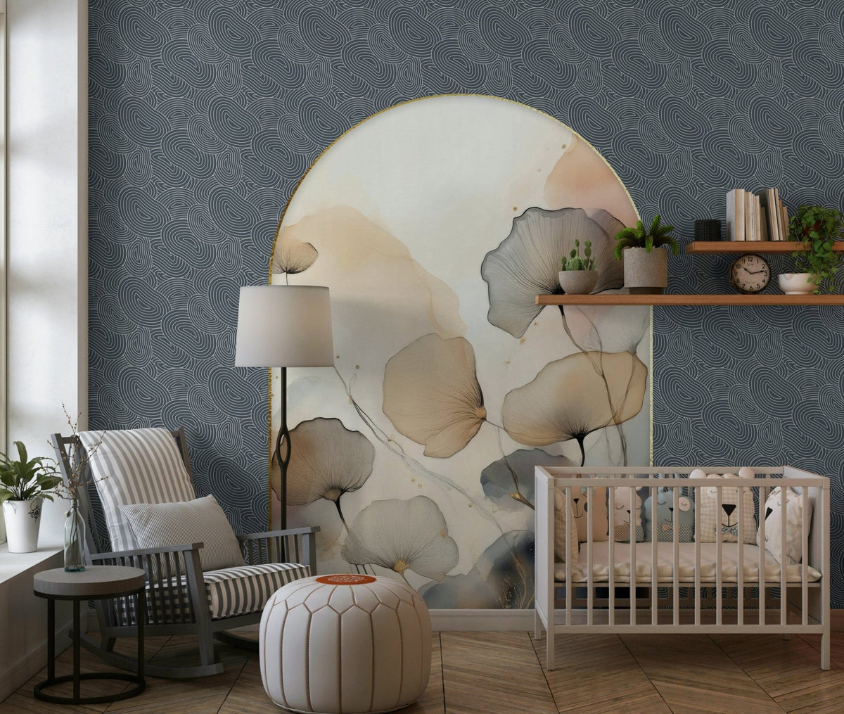 Elegant Floral Archway wallpaper mural in a nursery with white crib, striped rocking chair and woven pouf