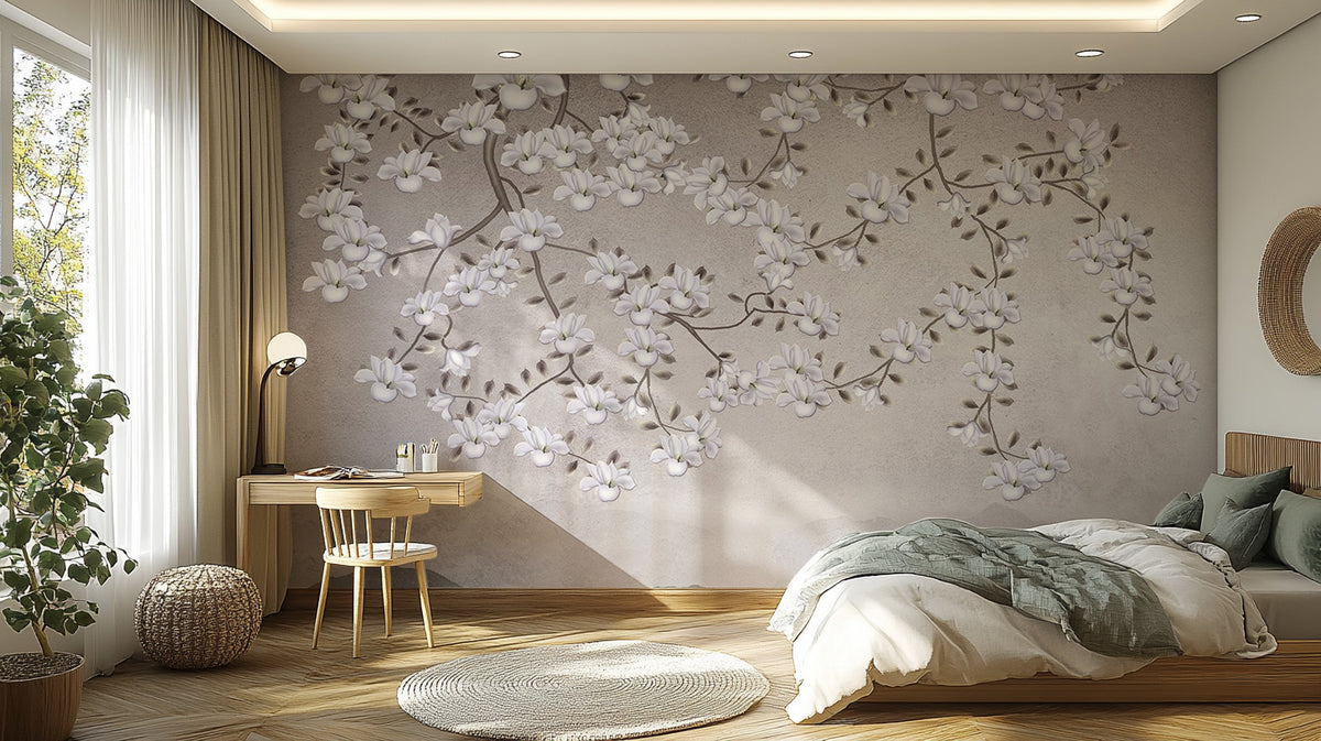 Floral Branches Mountain wallpaper mural of white magnolias behind a bed with sage throw and wood desk in a bedroom