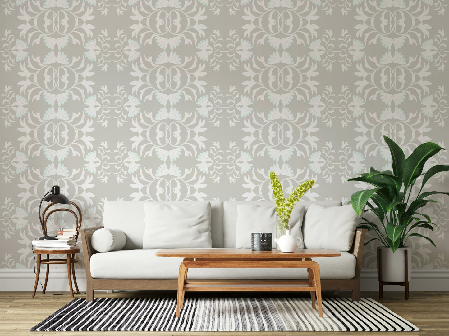 Chic floral symmetry mural wallpaper in muted stone grey tones.