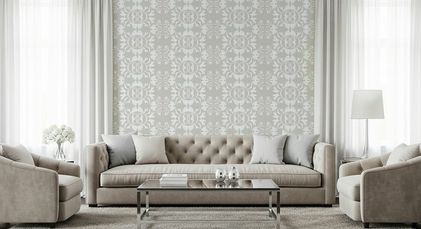 Calm neutral wall mural featuring stylized butterfly-like blossom graphics.