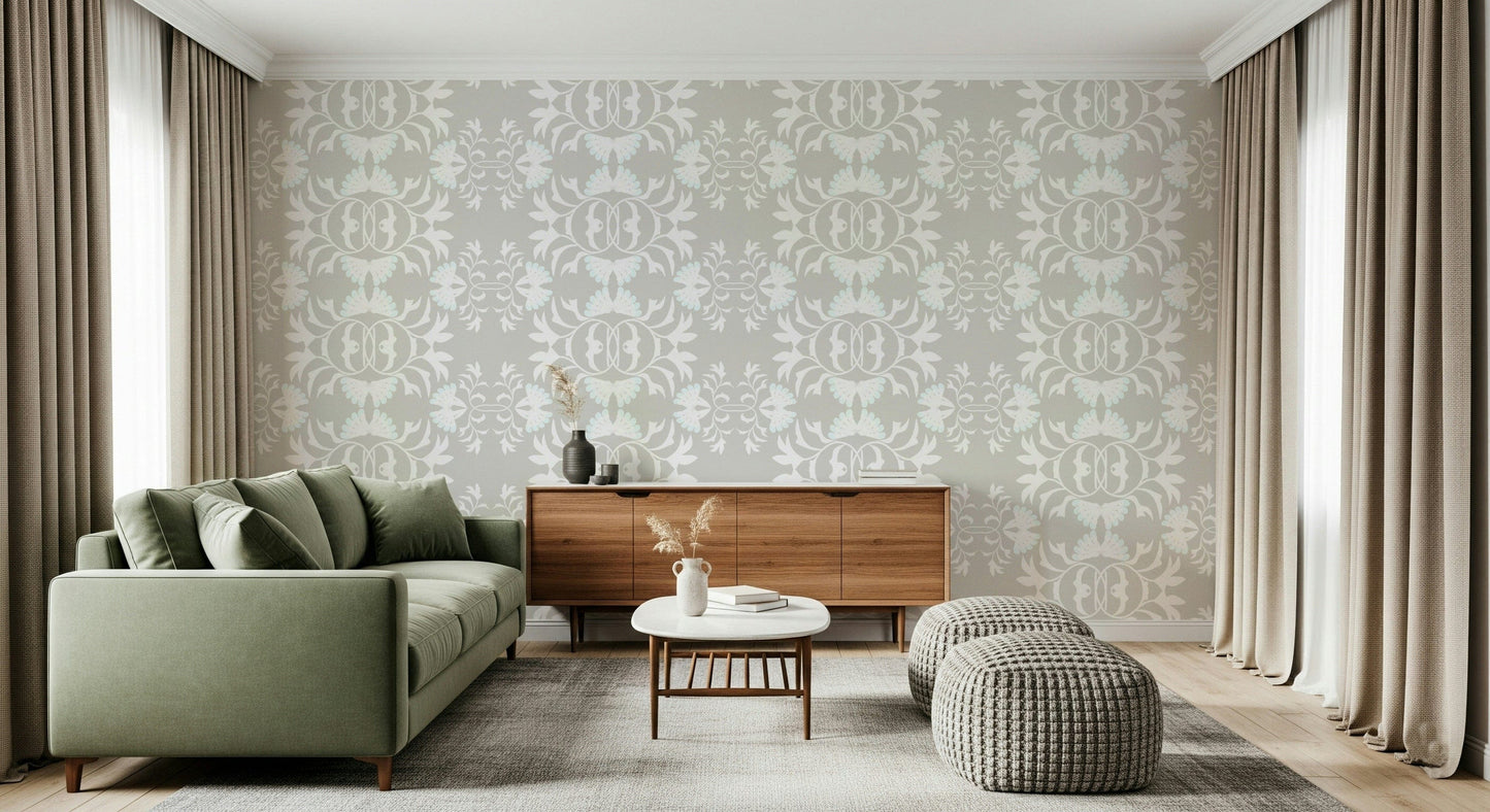 Ornate botanical wallpaper for walls highlighting mirrored organic shapes.