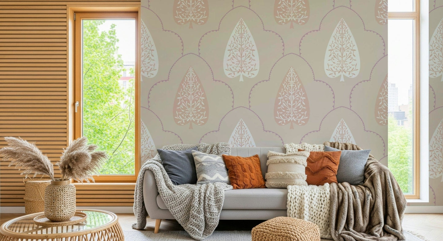 Elegant Foliage intricate spade kalamkari inspired print wallpaper.