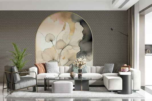 Elegant Gingko Archway wallpaper mural behind a cream curved sofa with grey armchair and houndstooth pouf