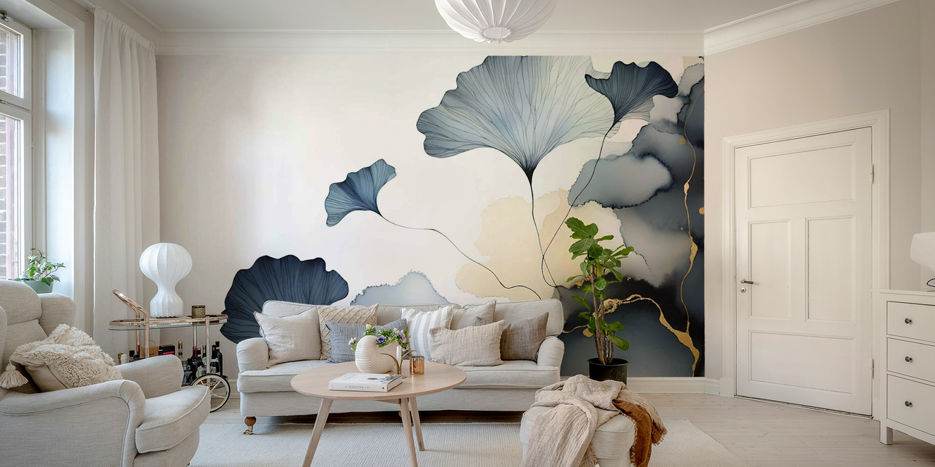 Elegant Ginkgo Veil Wall Mural in a modern apartment living room with neutral furniture.