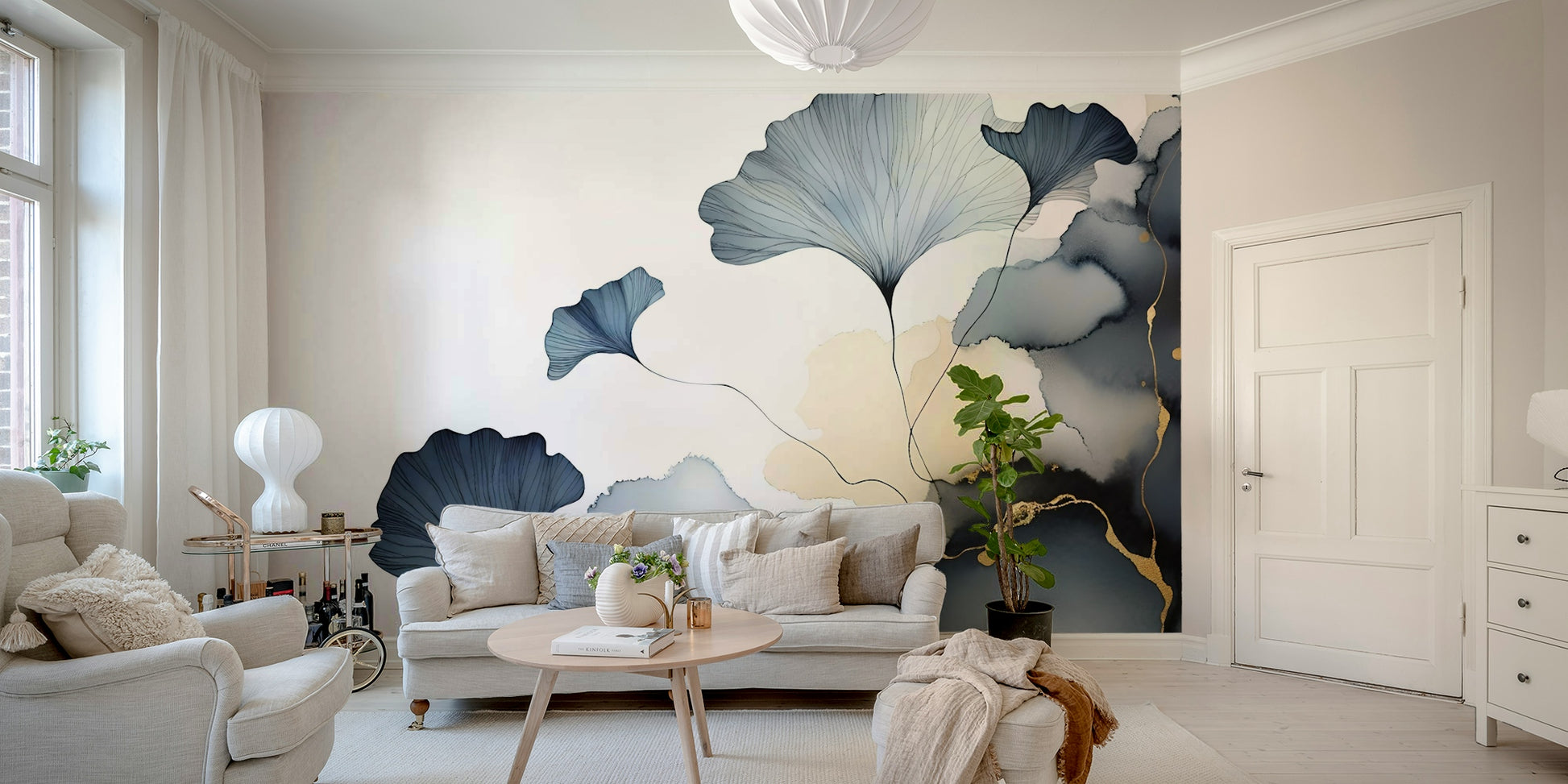 Elegant Ginkgo Veil Wall Mural in a modern apartment living room with neutral furniture.