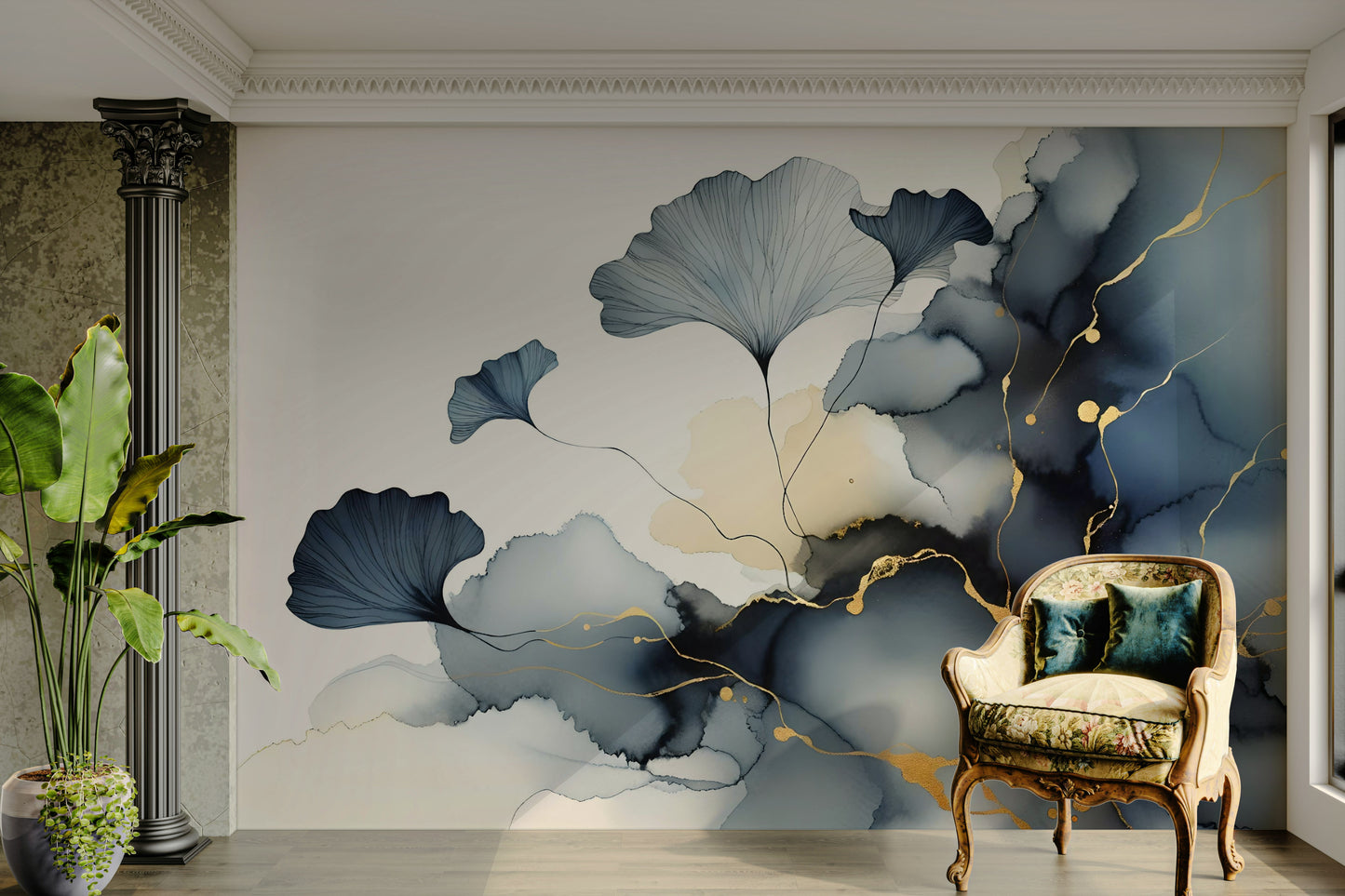 Elegant Ginkgo Veil Wall Mural styled with wooden furniture in a chic apartment.