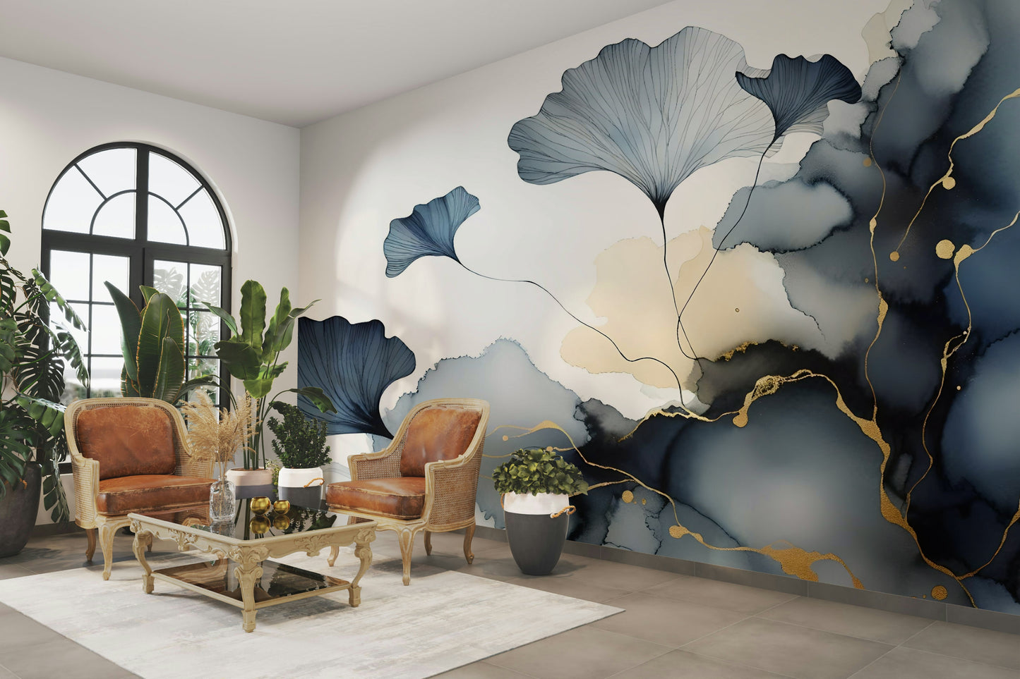 Modern guest room featuring a nature inspired wall mural for a clean look.