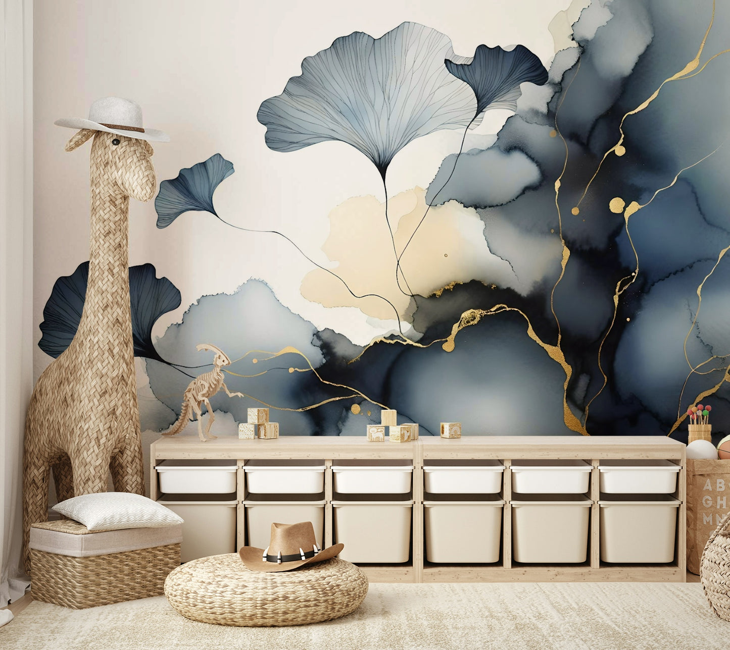Elegant Ginkgo Veil Wall Mural used as a backdrop in a contemporary dining area.