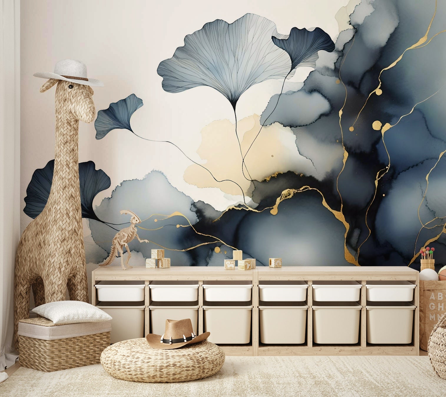 Elegant Ginkgo Veil Wall Mural used as a backdrop in a contemporary dining area.