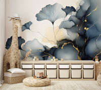 Elegant Ginkgo Veil Wall Mural used as a backdrop in a contemporary dining area.
