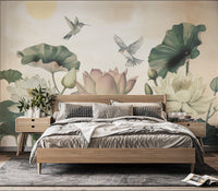 Soft Pastel Lotus & Hummingbird Wallpaper for Walls
