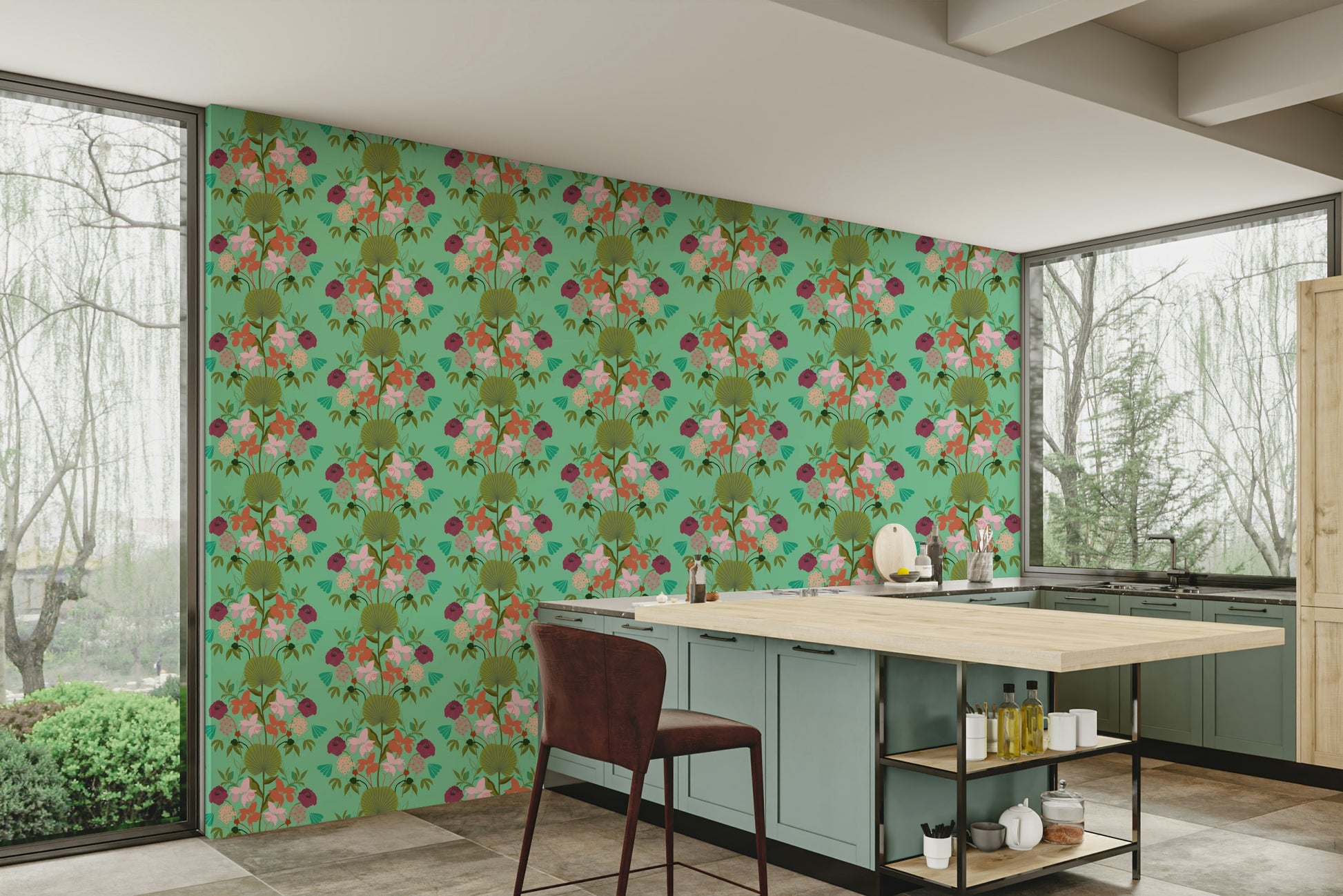 Modern interior with lotus leaf botanical wallpaper

