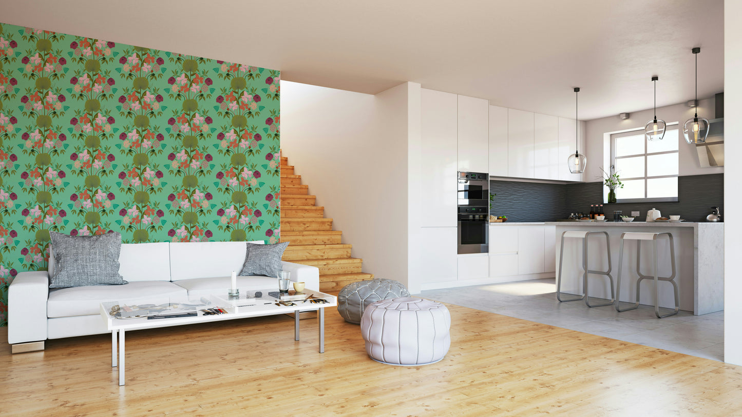 Botanical wallpaper with large lotus leaf design

