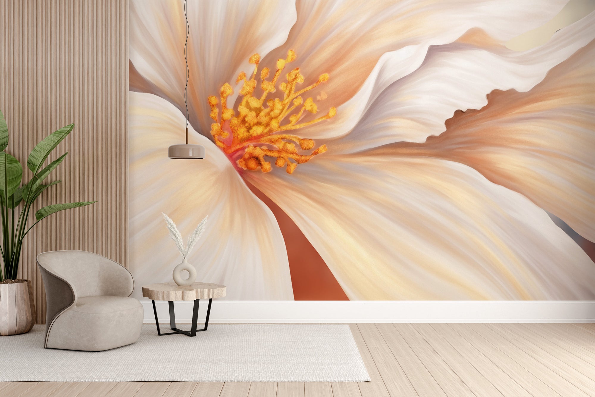 Elegant oversized floral wall mural with a cream hibiscus bloom behind a beige armchair in a living room