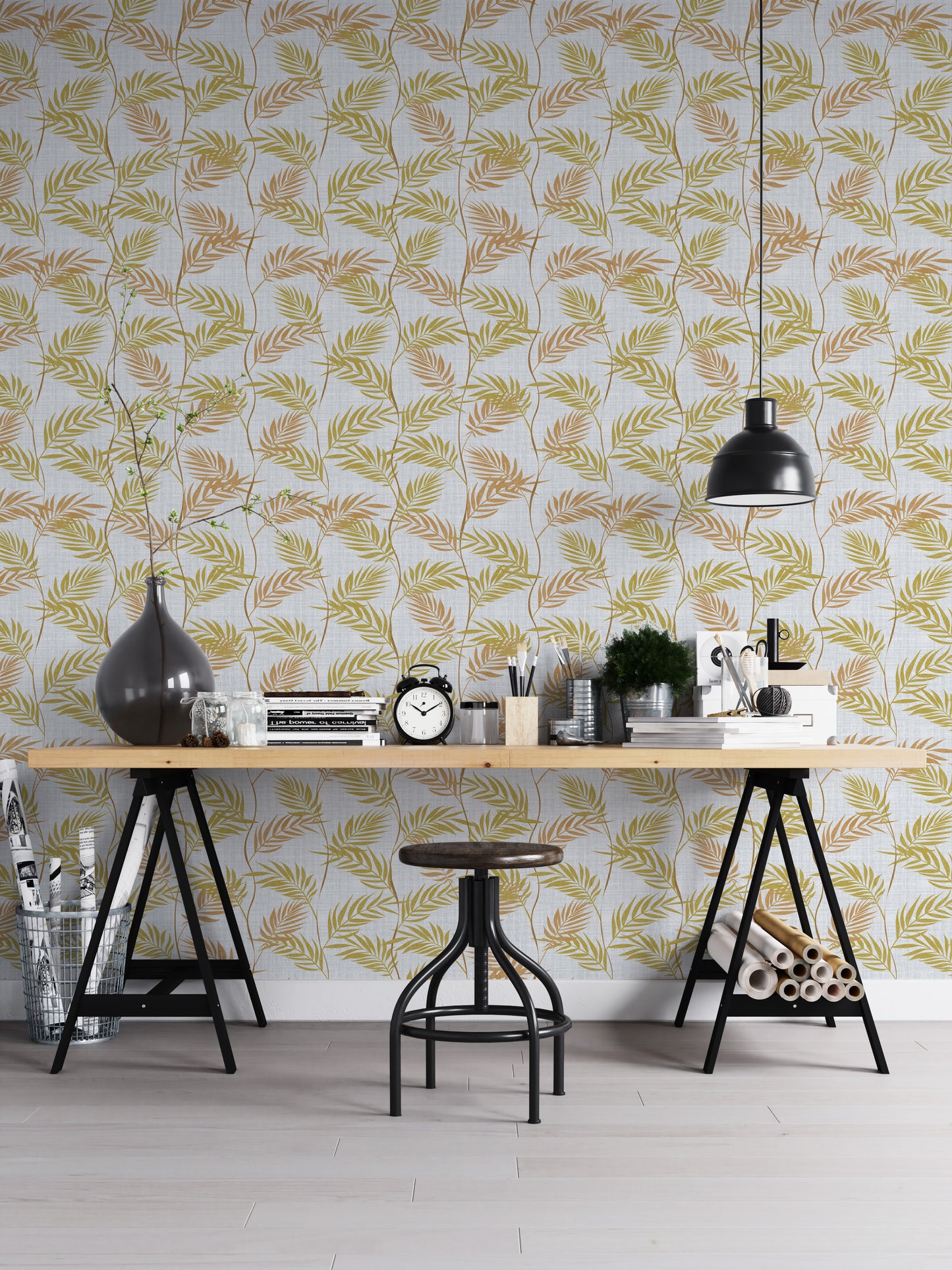 Elegant Palm Leaves wallpaper in a home office with a wood trestle desk and black pendant lamp