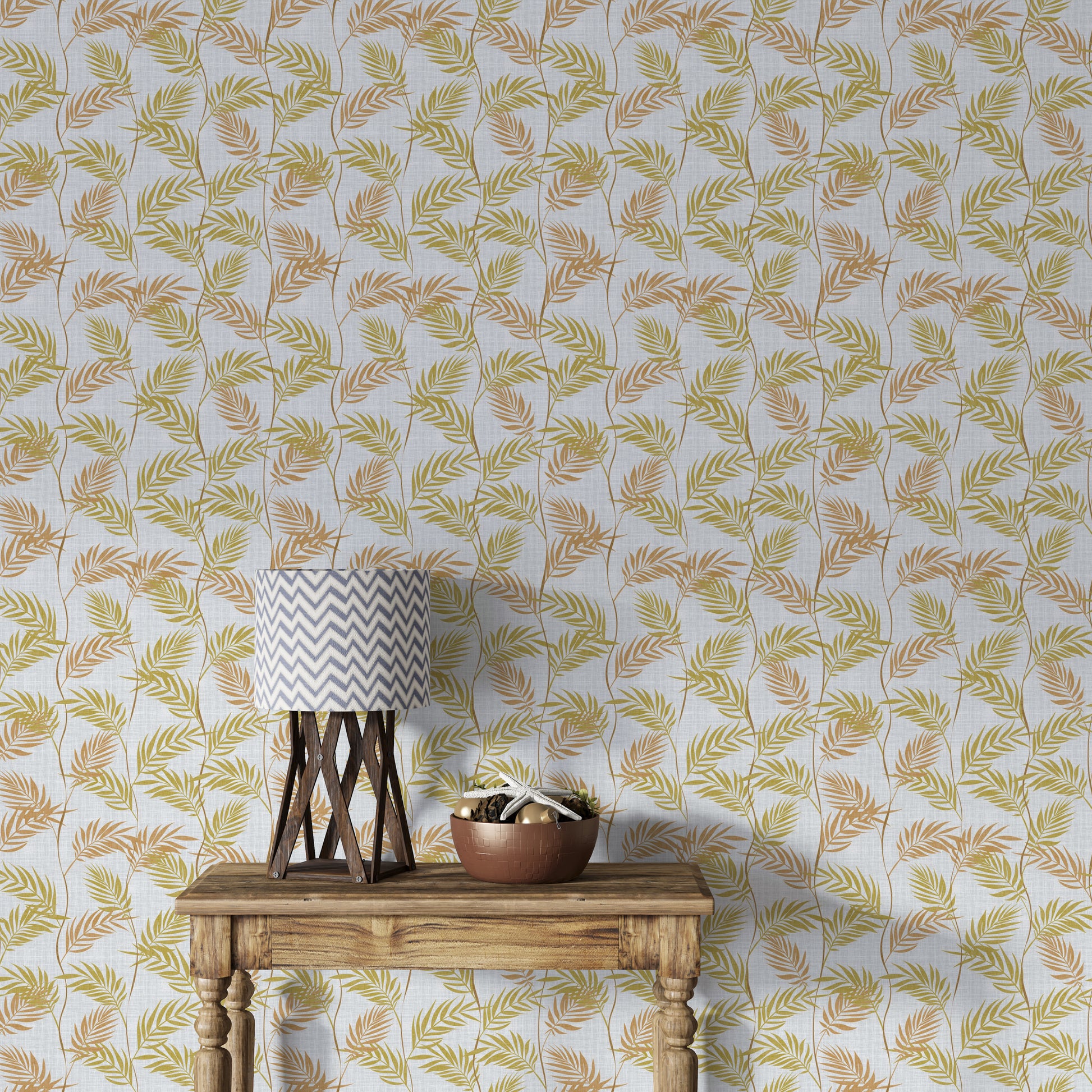Elegant Palm Leaves wallpaper behind a wood console table with a grey chevron lamp and copper bowl