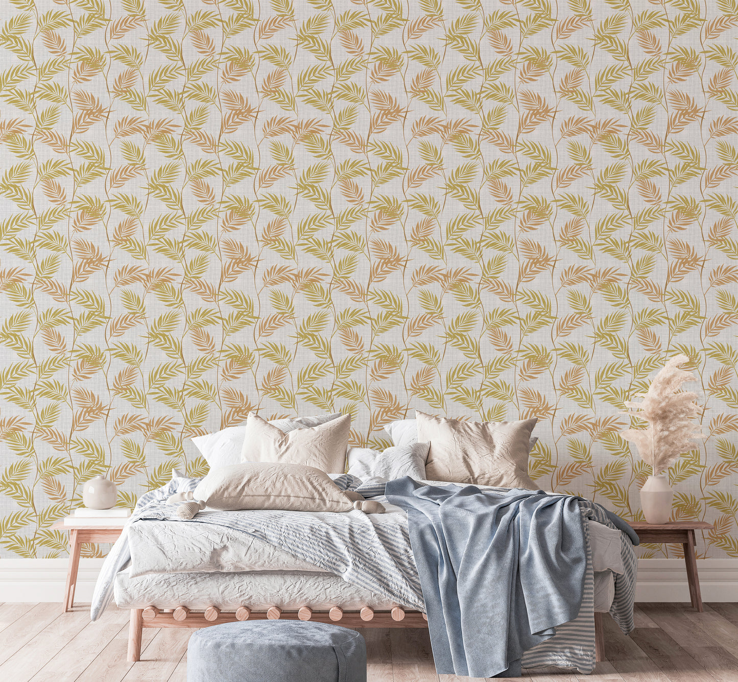Elegant Palm Leaves wallpaper behind a wood bed with white and blue bedding and pampas grass