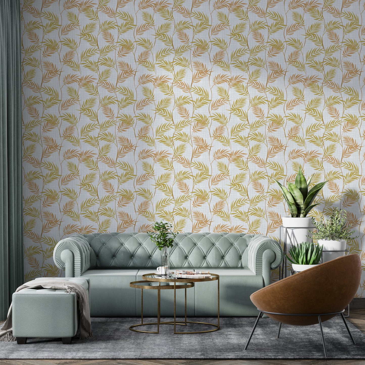 Elegant Palm Leaves wallpaper in a living room with a sage green chesterfield sofa and tan accent chair