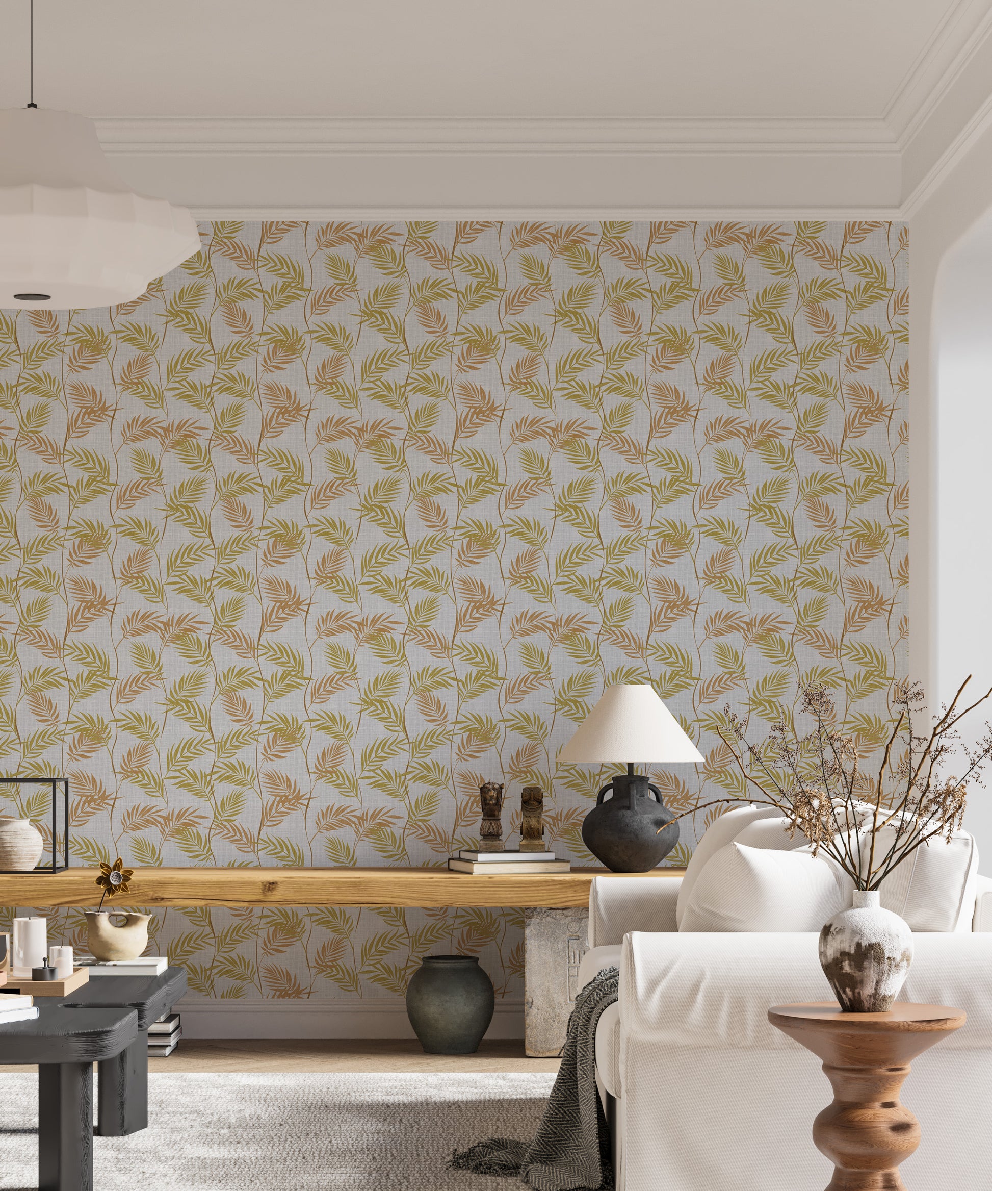 Elegant Palm Leaves wallpaper in a living room with a white sofa, wood console bench and dried flowers