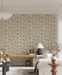 Elegant Palm Leaves wallpaper in a living room with a white sofa, wood console bench and dried flowers