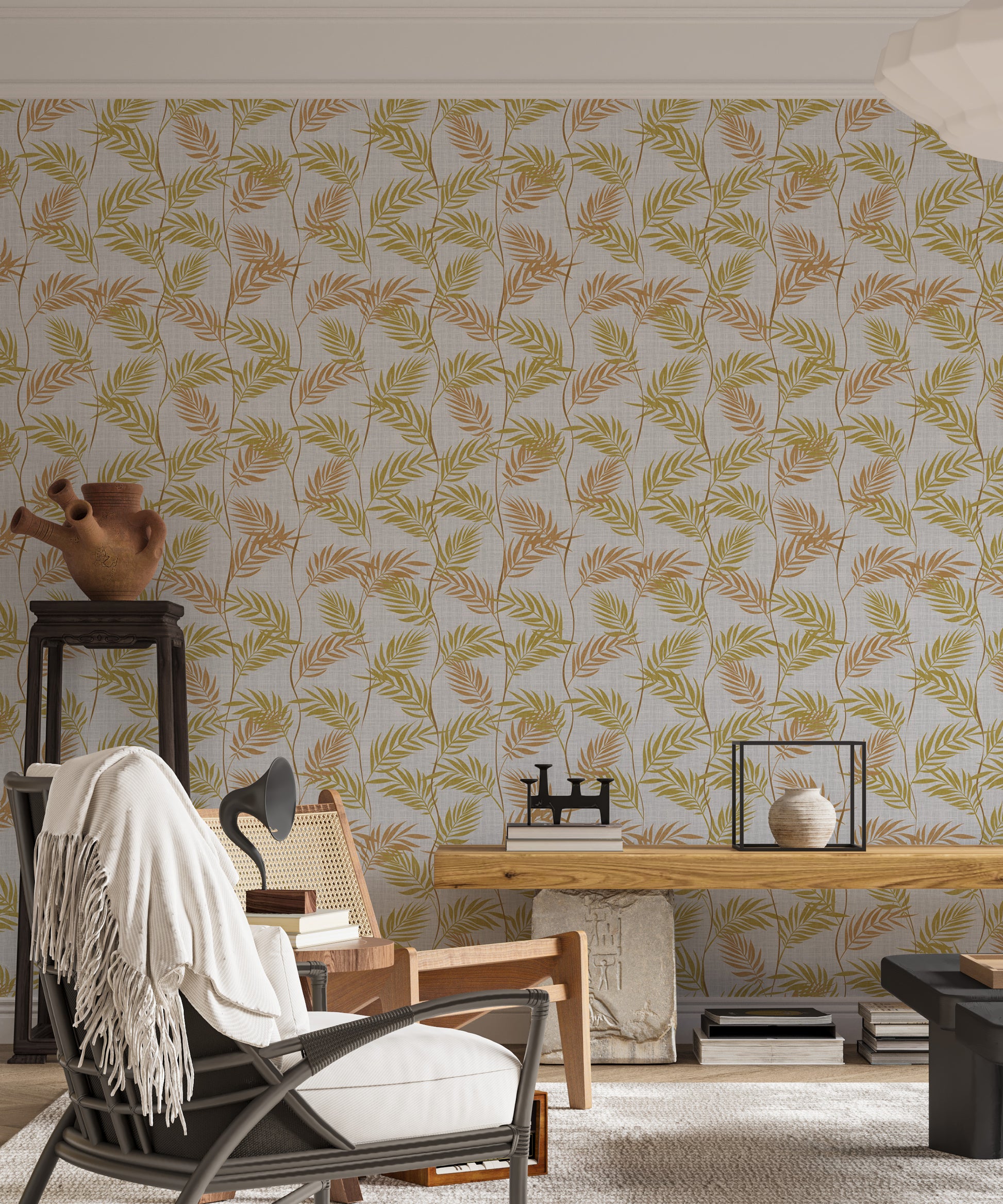 Elegant Palm Leaves wallpaper in a living room behind a woven cane armchair, wood bench and terracotta urn