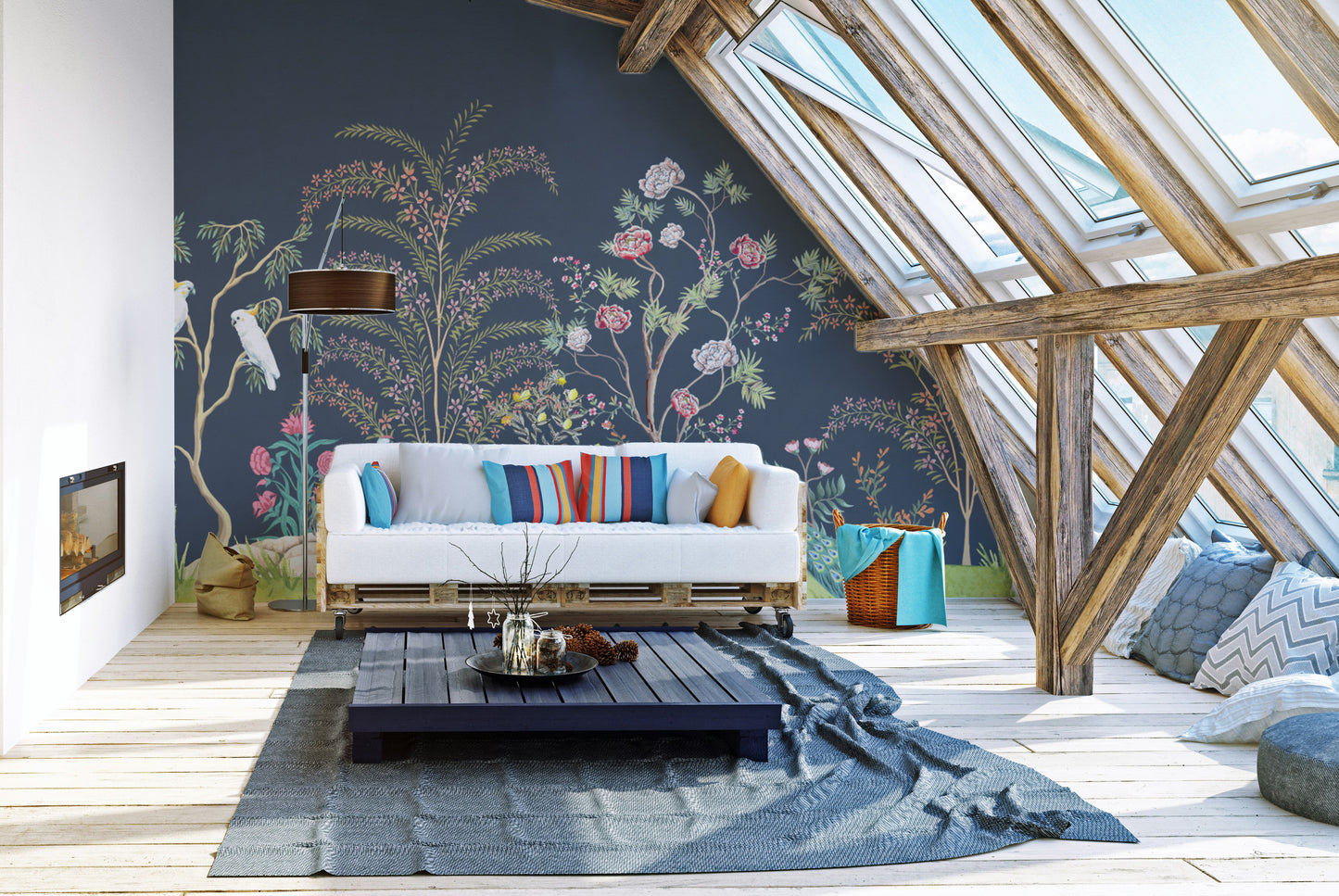 Timeless floral and bird chinoiserie mural for walls
