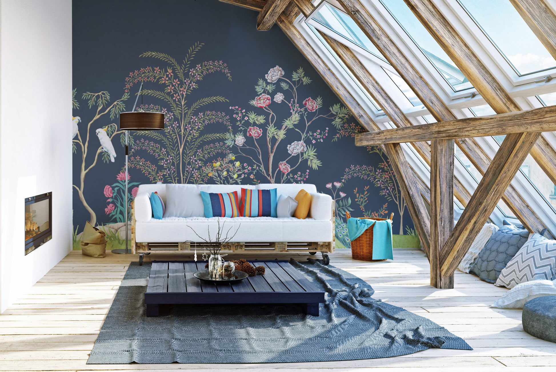 Timeless floral and bird chinoiserie mural for walls
