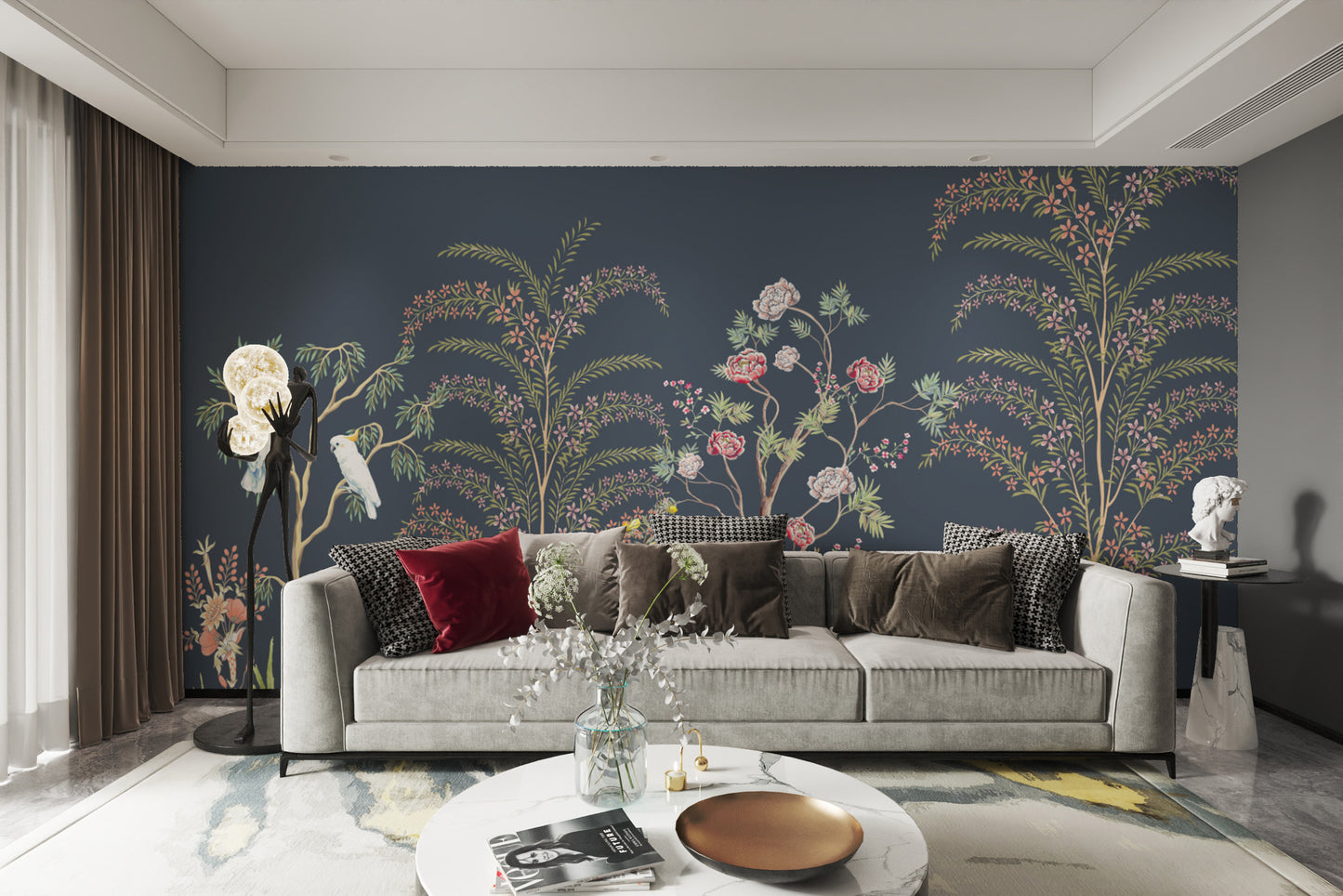 Luxury botanical chinoiserie wallpaper with elegant birds
