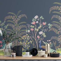 Botanical peacock wall mural with intricate nature patterns