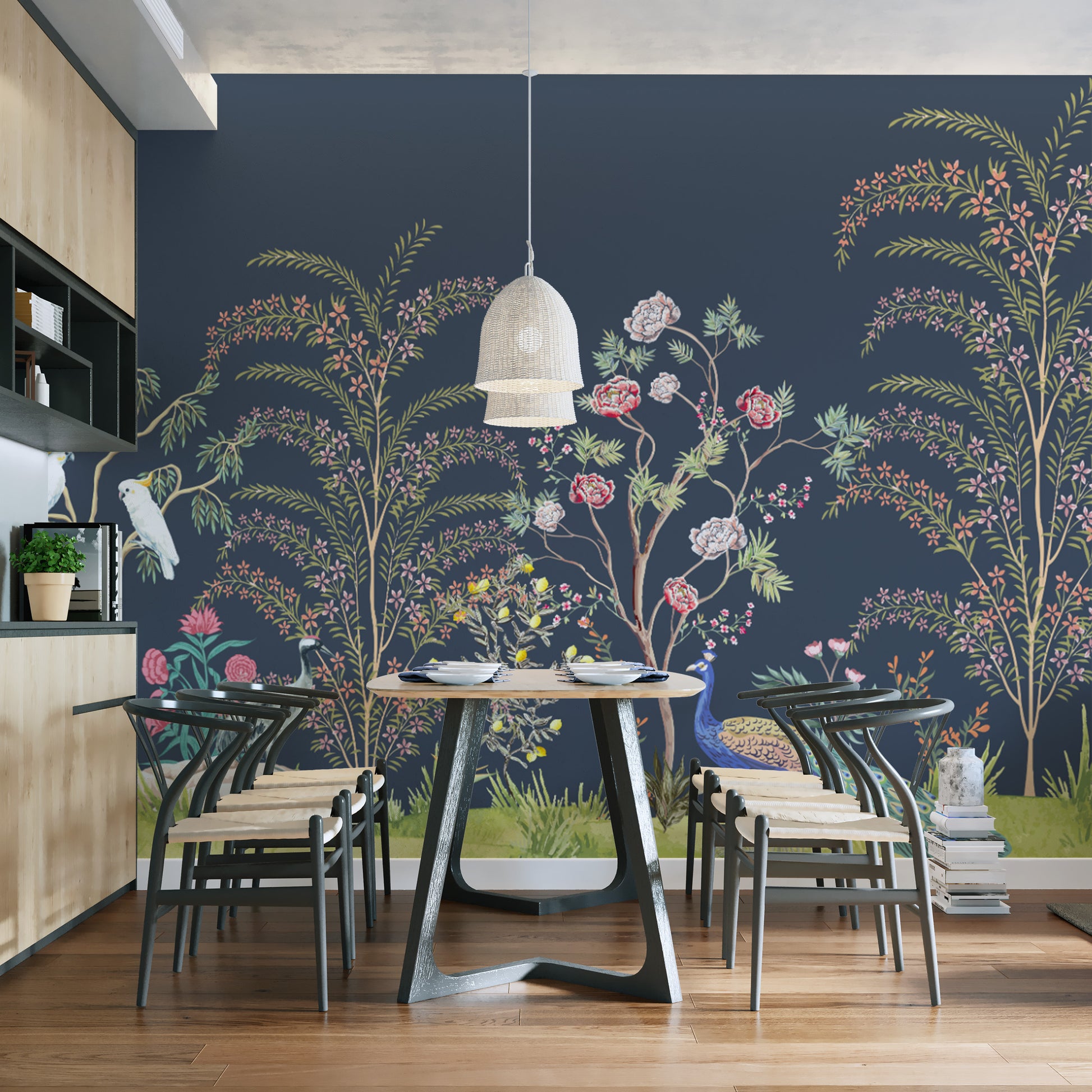 Vintage chinoiserie wallpaper with cockatoos and florals
