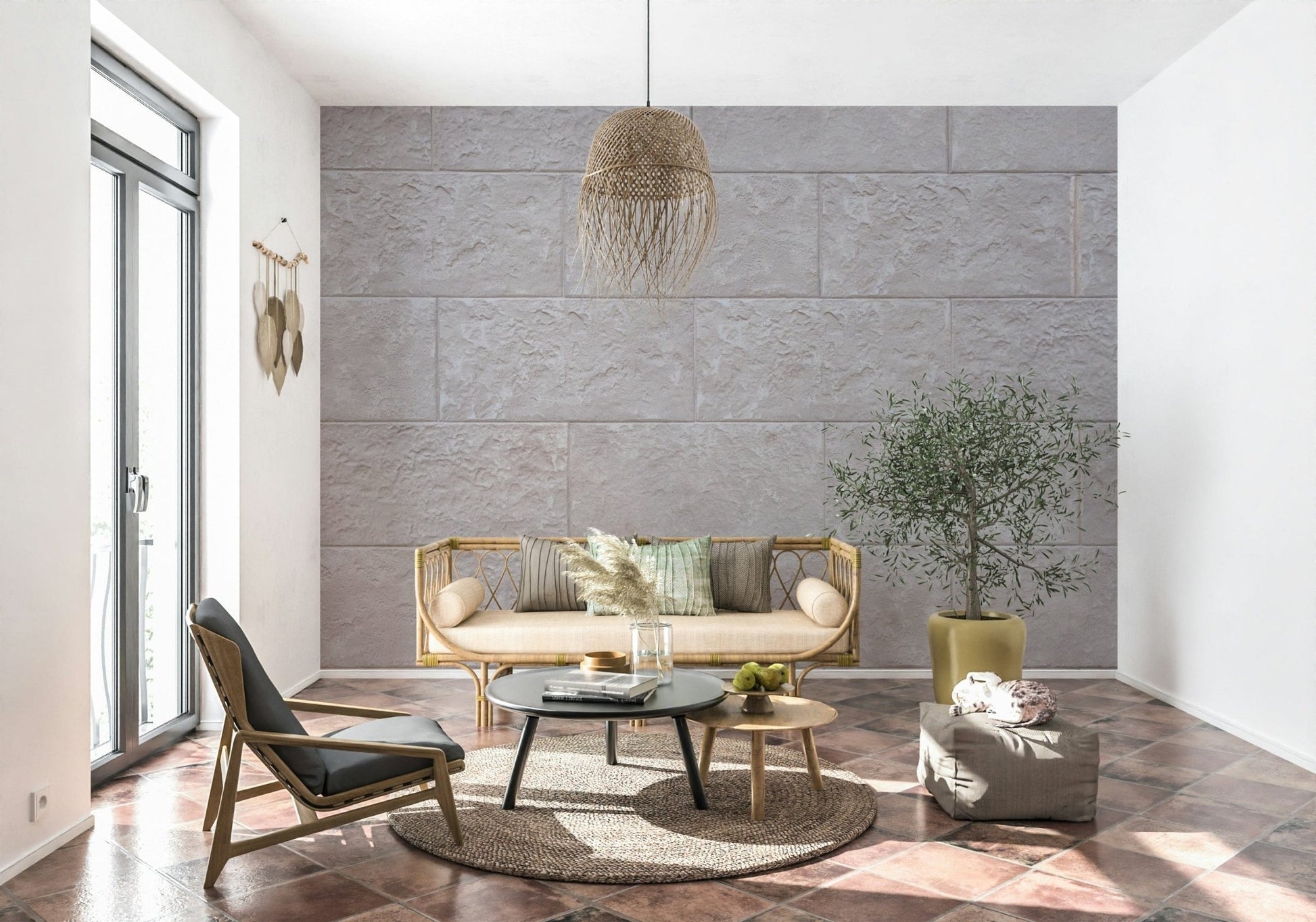 Textured wall mural with smooth stone block patterns creating a refined and modern accent wall.