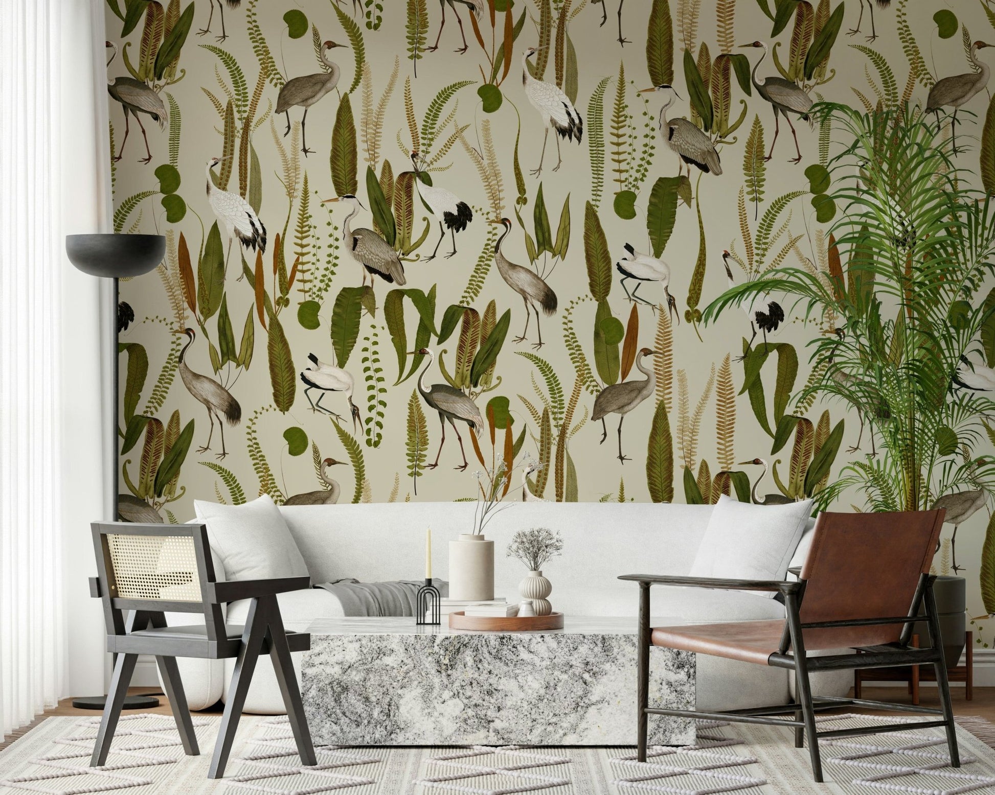 Graceful Crane in Garden Wall Mural – Artistic depiction of cranes in a peaceful, floral garden setting.