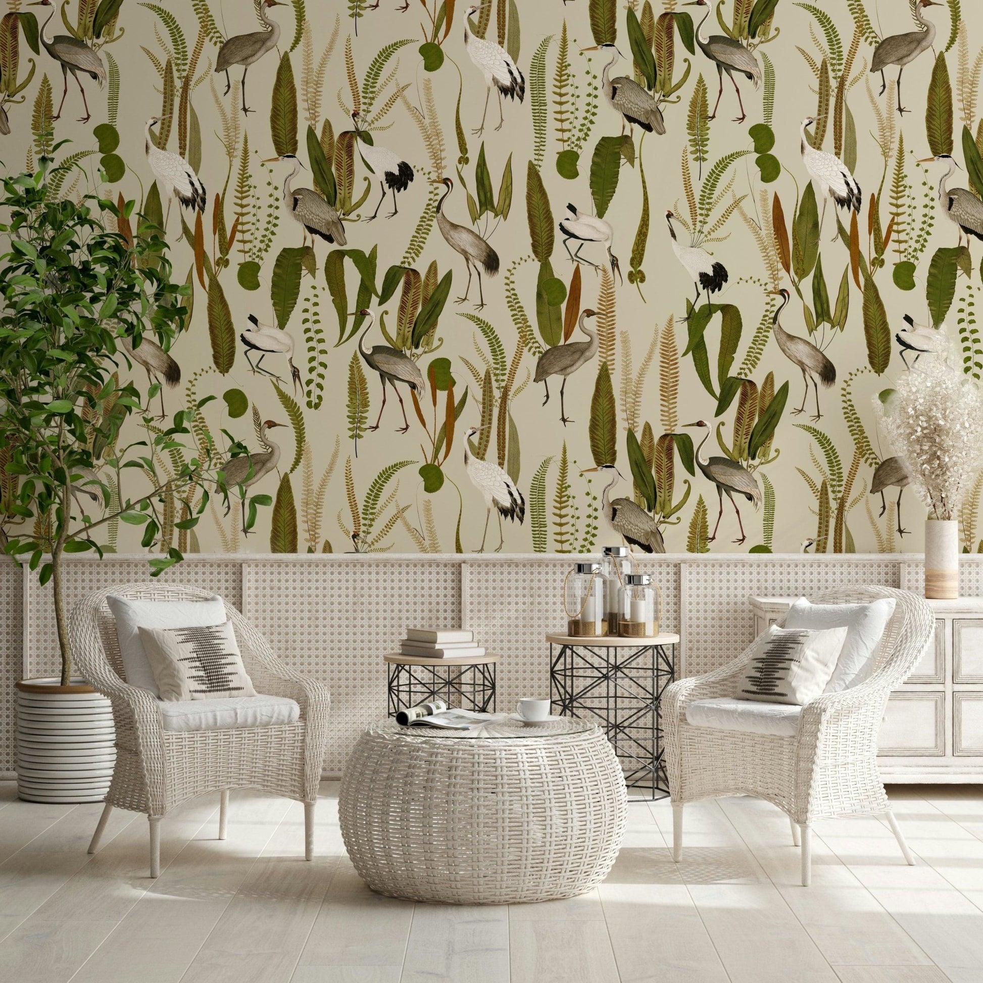 Ornate Crane and Garden Wallpaper Mural – Sophisticated vintage-style mural with detailed crane illustrations and garden flora.