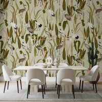Elegant Vintage Crane Garden Wall Mural – Classic design featuring graceful cranes among blooming garden flowers in vintage tones.