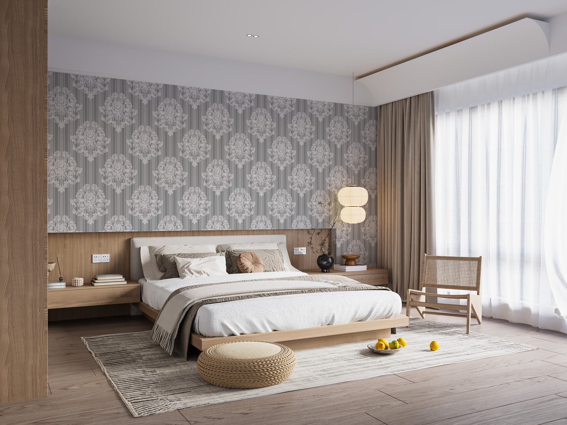 Classic Grey and White Damask Wallpaper look
