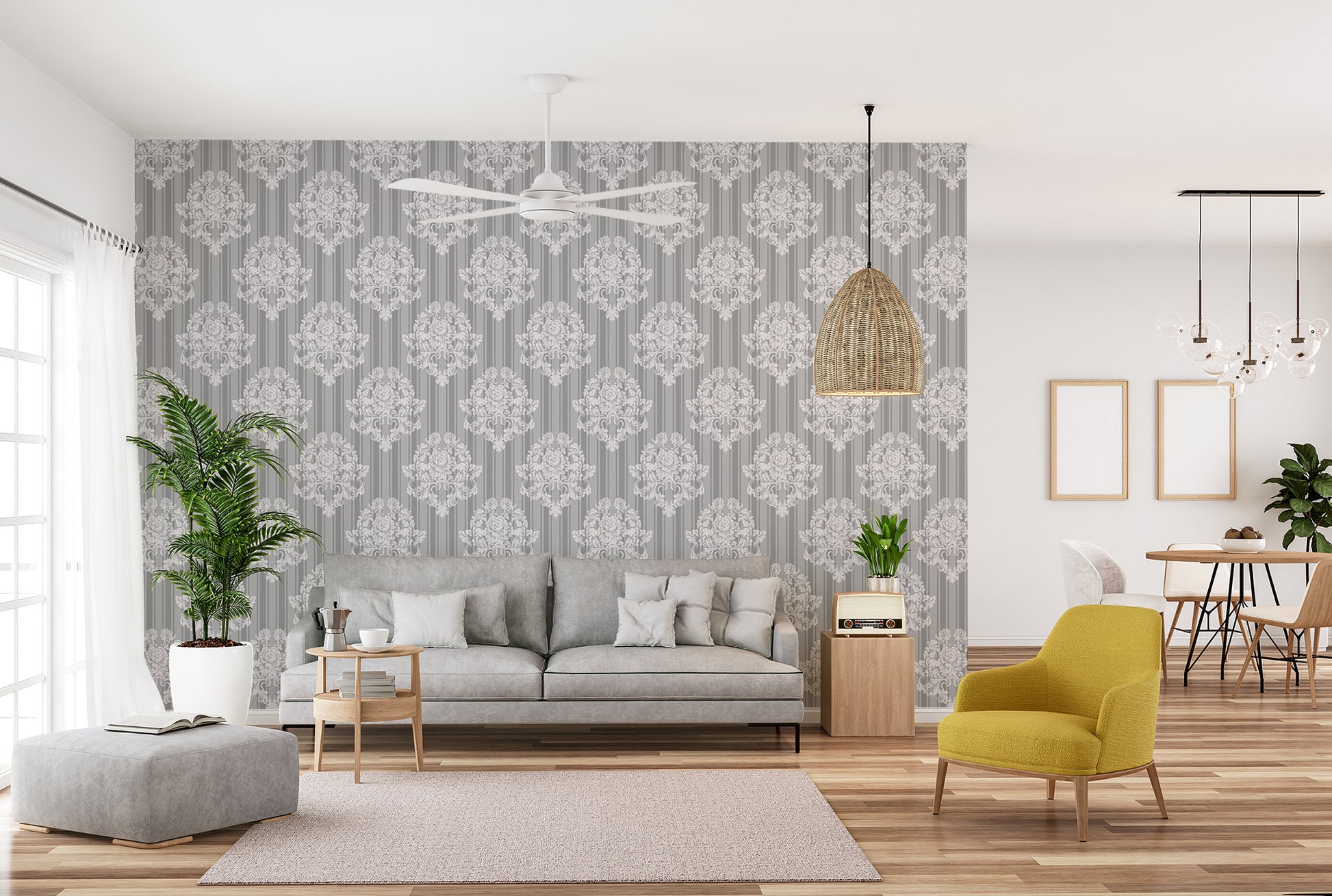 Luxurious Grey and White Damask Wallpaper style
