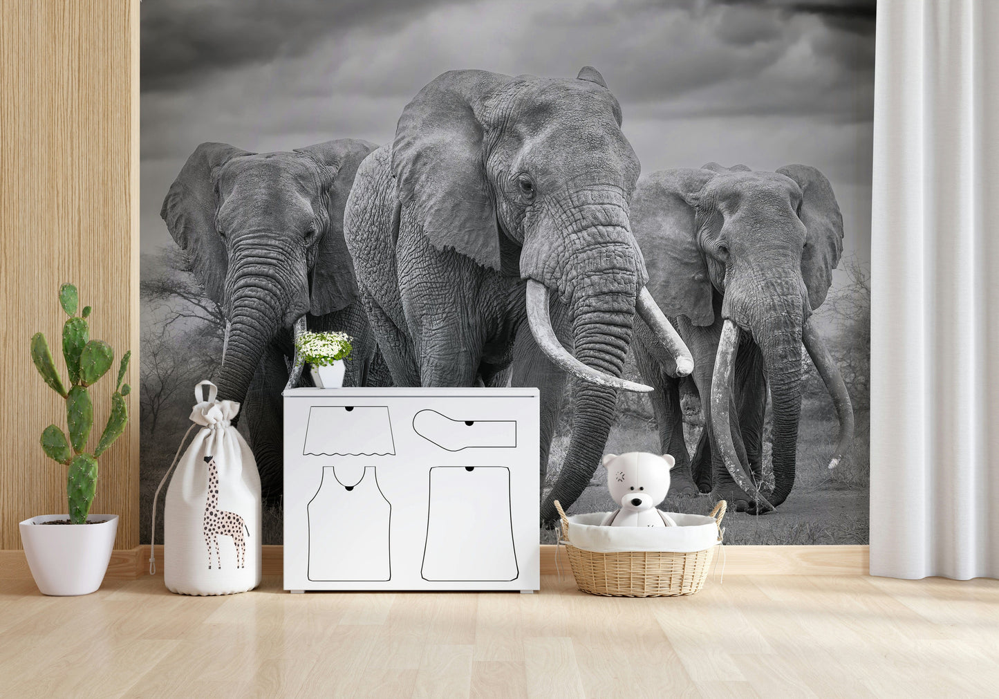 Decorative mural featuring an elephant in a serene savanna or jungle setting.